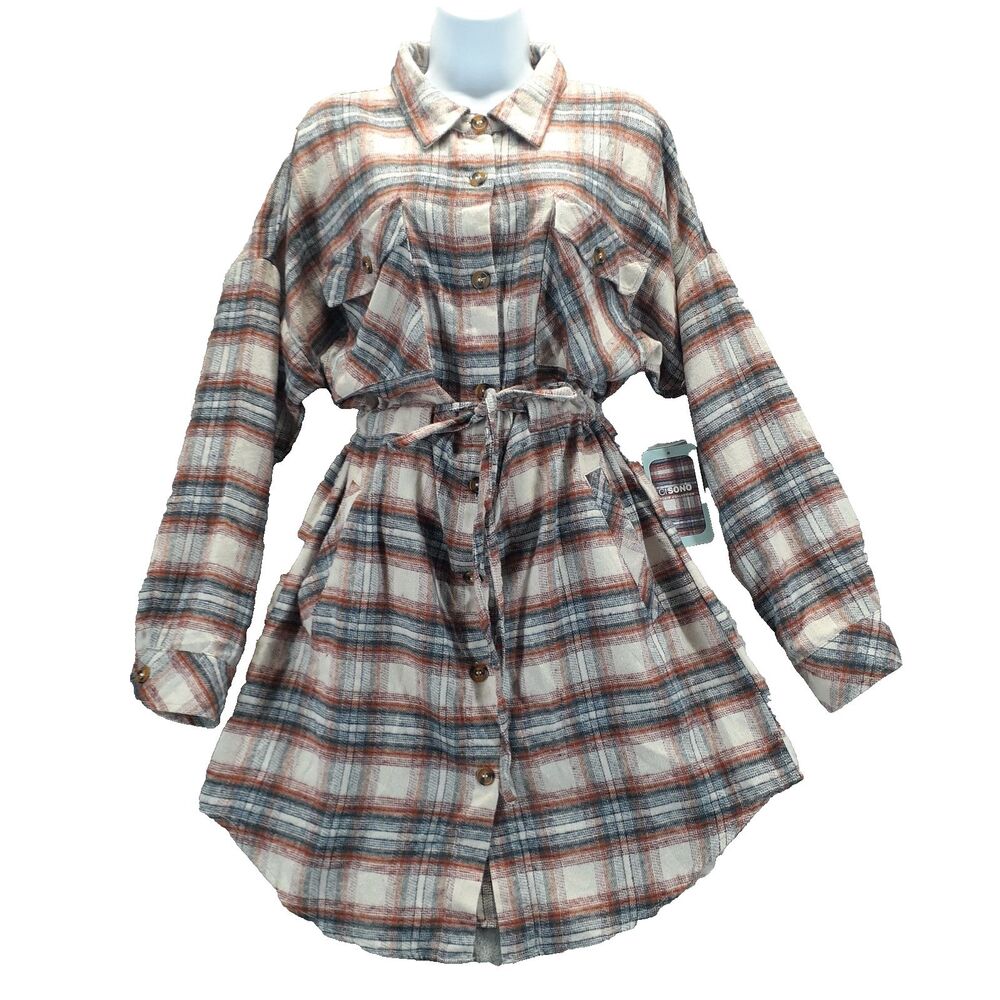 CiSono Plaid Collection Women Sz L Flannel Tie Waist Shirt Tunic Dress 4 Pocket